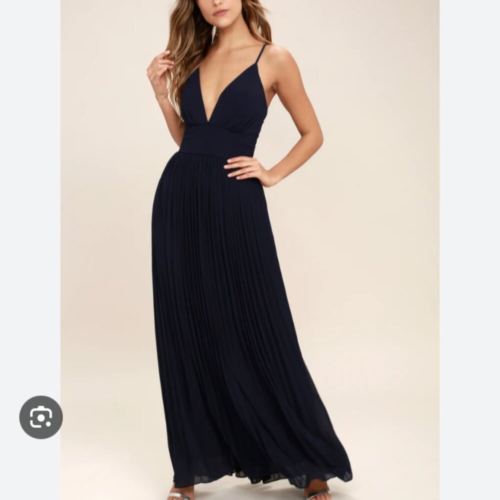 NWT Lulu's Size Large Depths of My Love Maxi Dress Navy Blue Chiffon Flowy